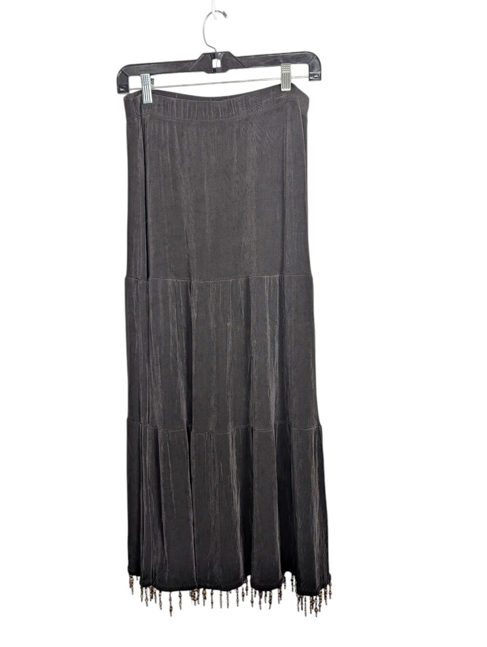 Chico's Travelers Chocolate Brown Beaded Fringe Tiered Bohemian Skirt Size L (2)